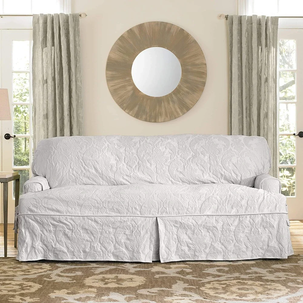 Surefit T-Sofa Slipcover Matelasse Damask White 1-Piece Relaxed Fit T-Cushion